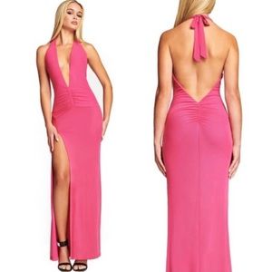 I.AM.GIA Aoife Pink Mesh Plunge Ruched Halter Maxi Dress XS
